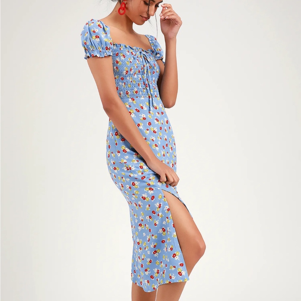 Faithfull the Brand Castilo Blue Floral Smocked Midi Dress, US 4 / Small